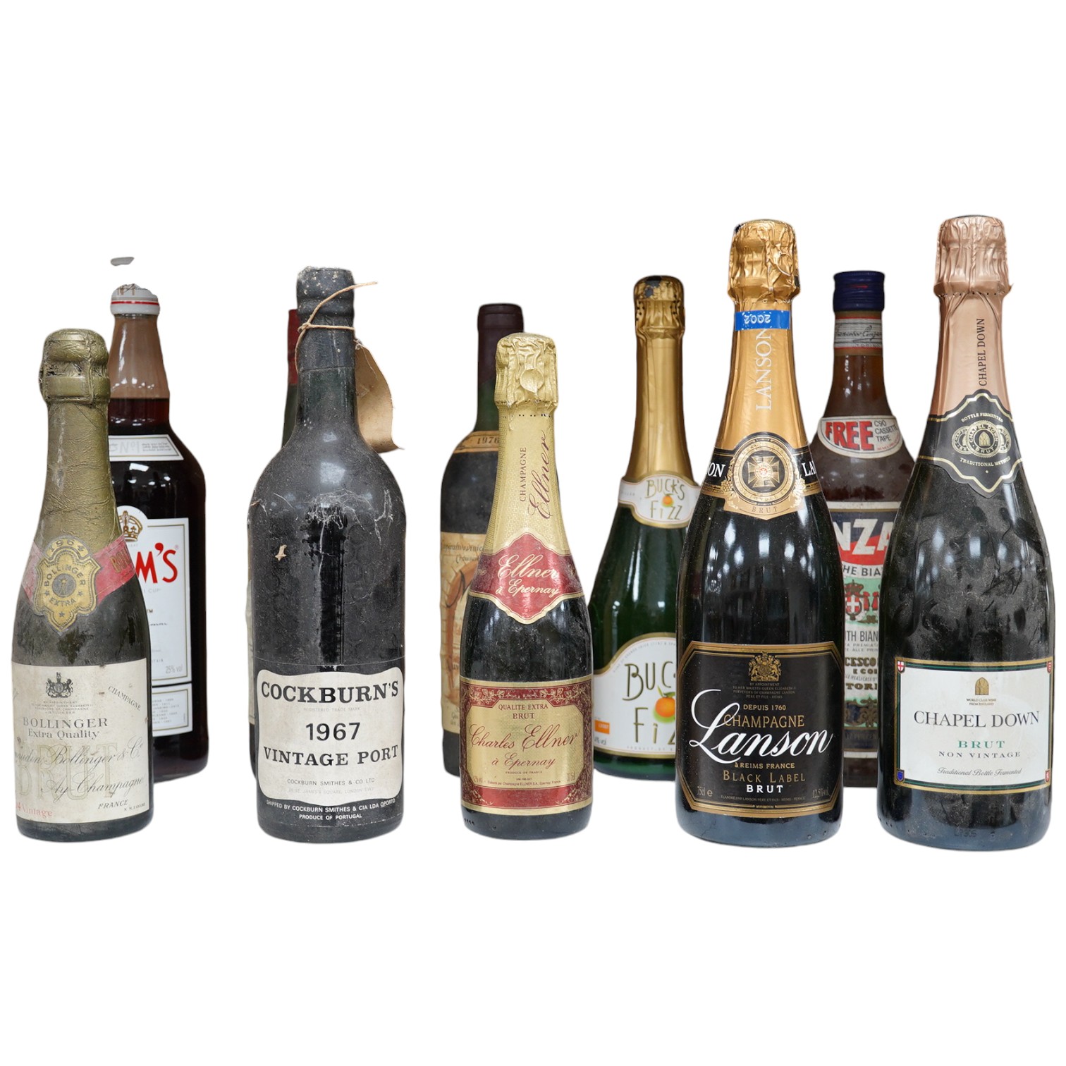 Ten bottles and half bottles of wine, etc. including; a Cockburn’s 1967 Vintage Port, a Brandy’s Madeira, a half bottle of 1964 Bollinger champagne, etc. Condition - poor to fair